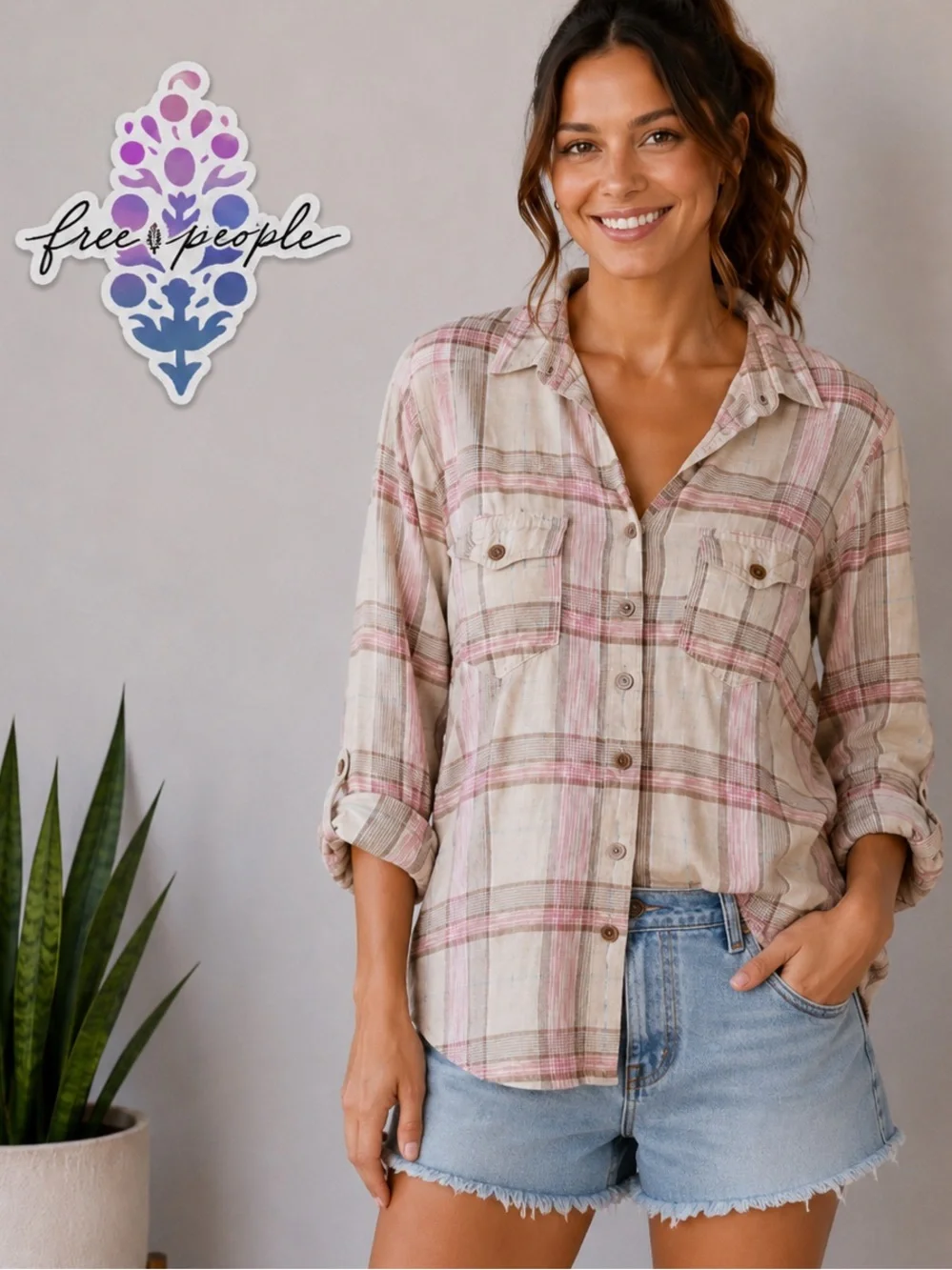 Free People Linen & Cotton Blend Plaid Button-Down Shirt in pink and tan/brown